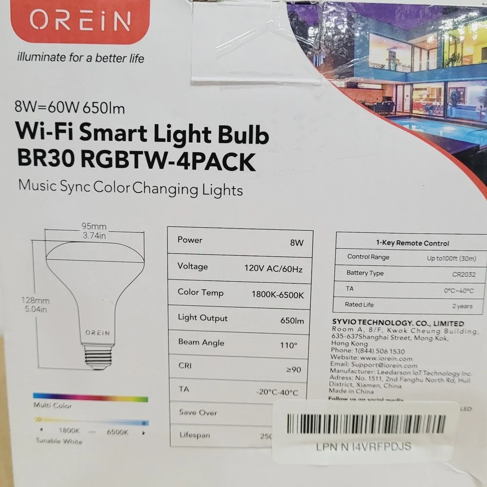 OREiN Matter BR30 Smart LED Bulb 4-Pack E26 WiFi Color Change Music‎ Sync